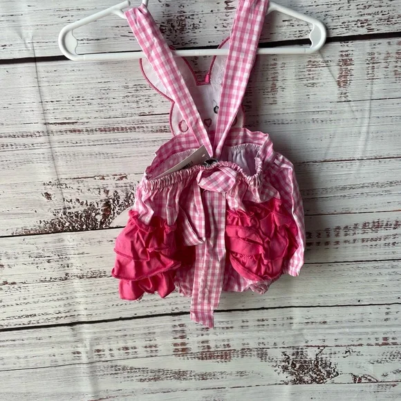 Korie’s Kloset // Pink Gingham Easter Bunny Romper with Tie Back and Ruffle Butt - Picture 4 of 4